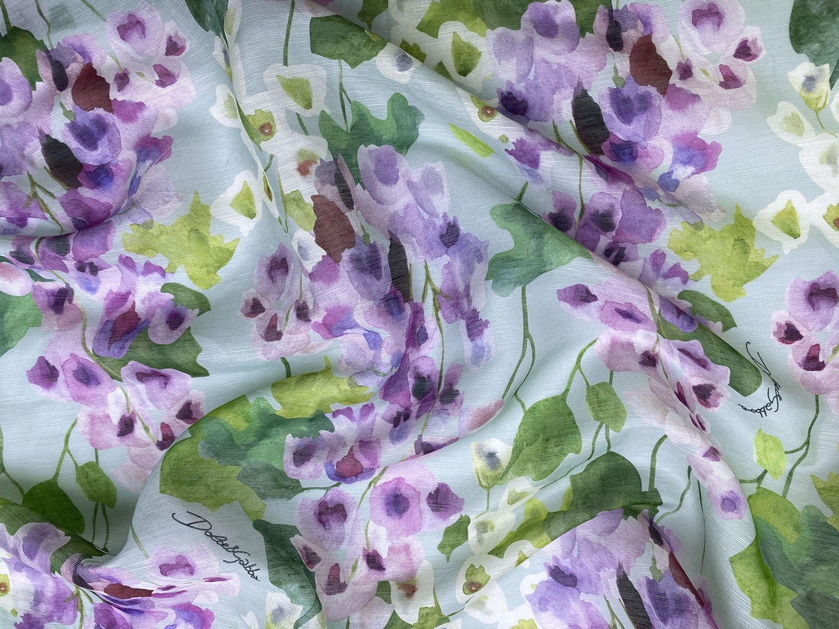 Ткань Лён мятного цвета с принтом  рисованные колокольчики  20516 2