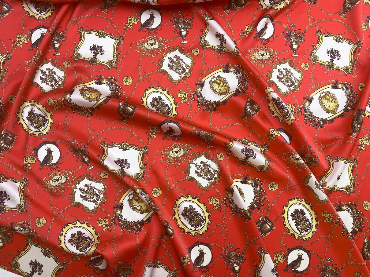 Ткань Шёлк атласный красного цвета с принтом  цепи, рамки под винтаж  46519 2
